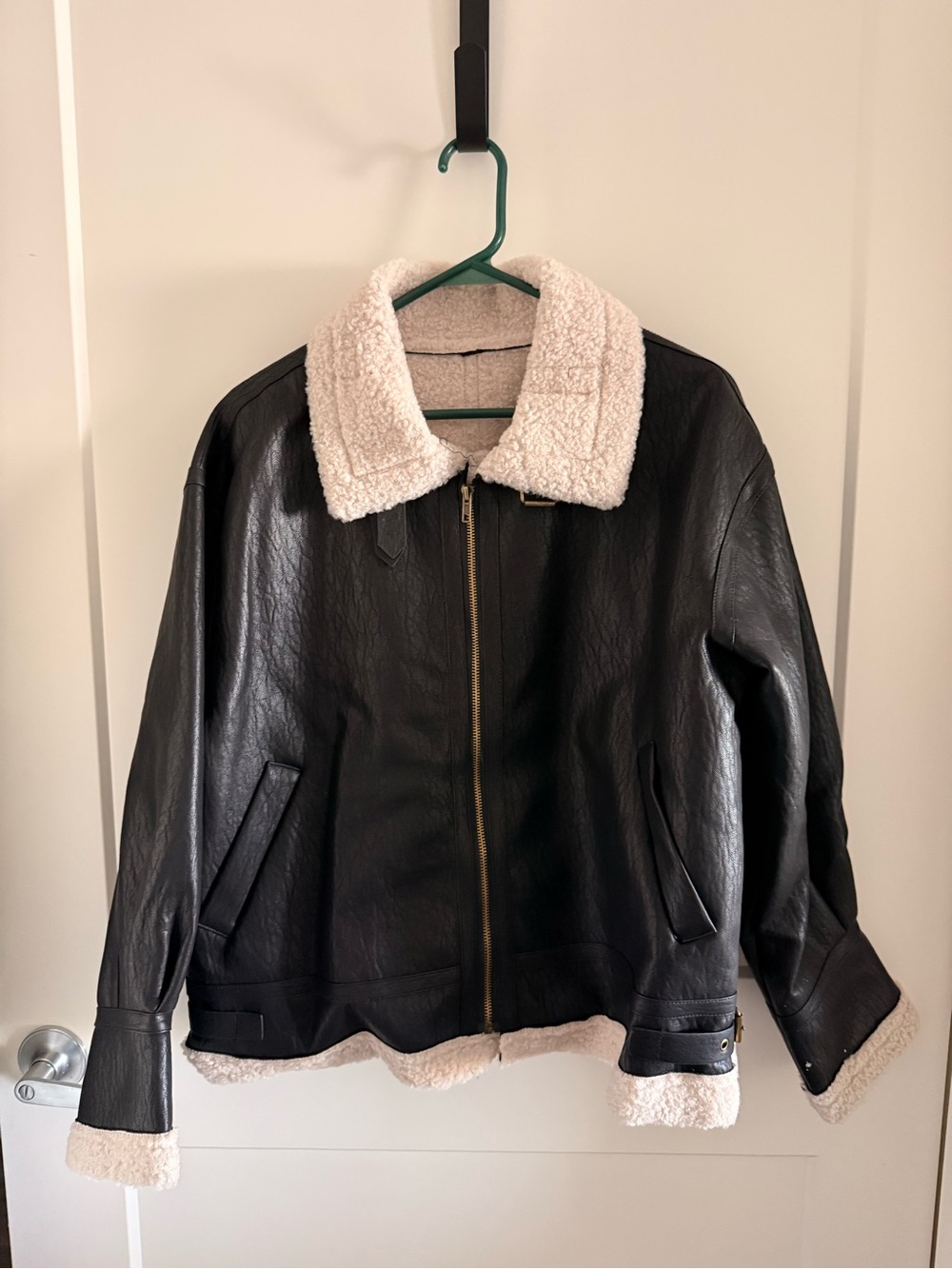 Black Faux Leather Sherpa Collar Jacket